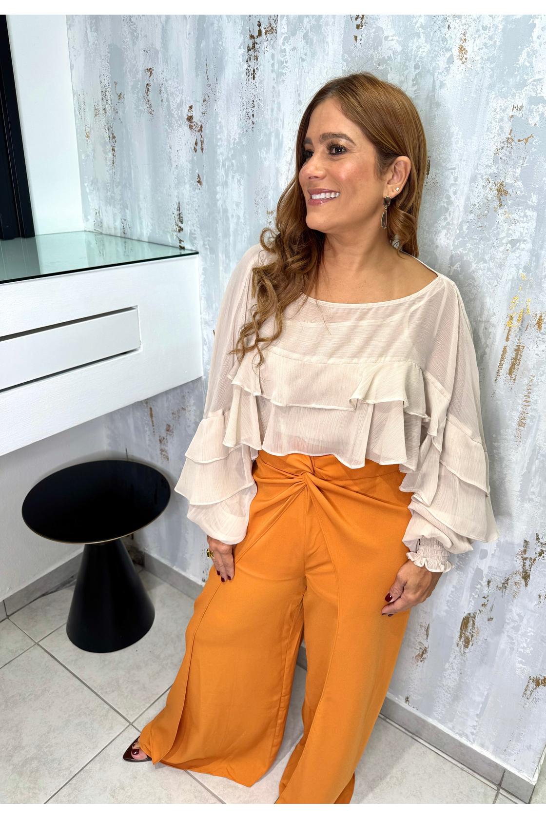 Ruffle Sheer Long Sleeve Blouse