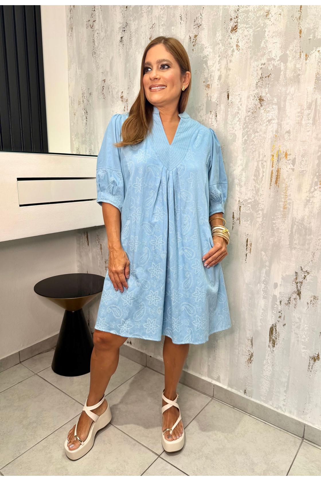 Denim Paisley Print Sleeve Short Dress