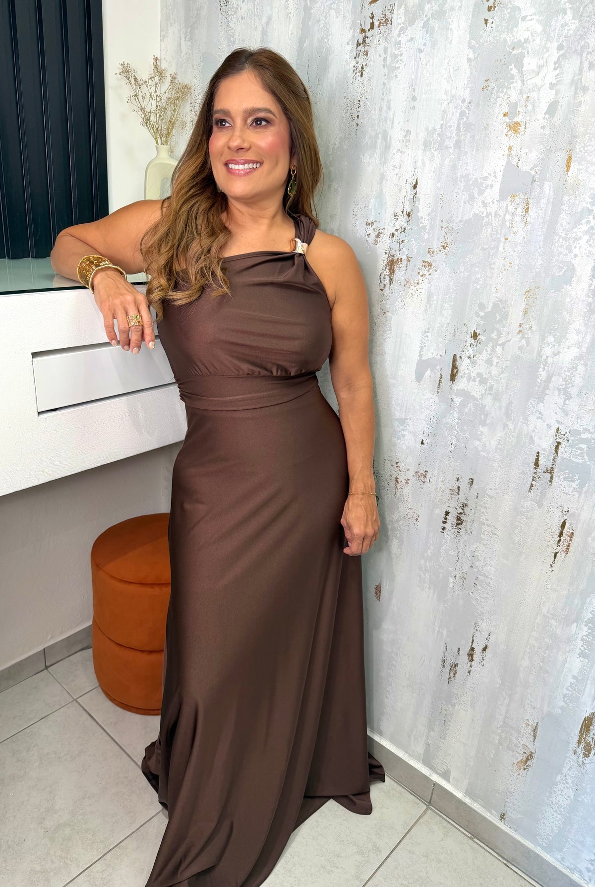 One Shoulder Satin Maxi Dress