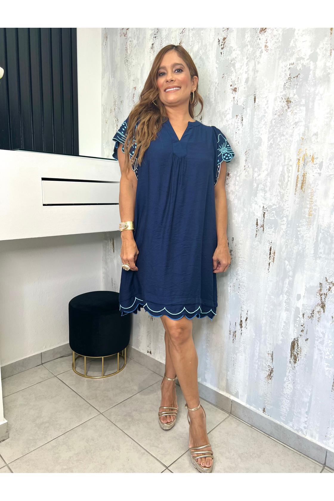 Embroidered Flutter Sleeve Tunic Dress