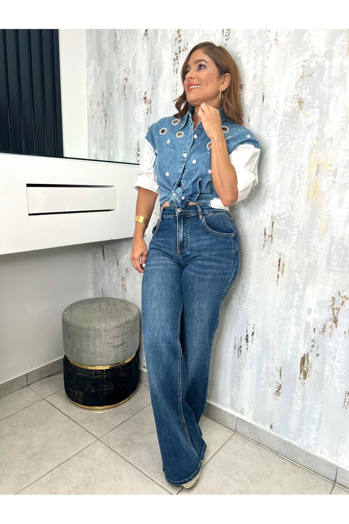 Paulina Shirt Rhinestone Detail Denim Button Down