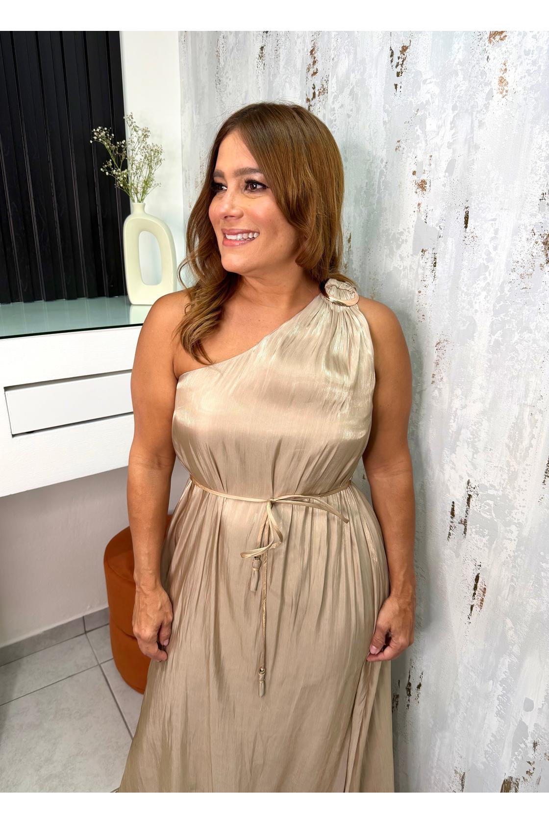 ONE SHOULDER W/ GOLD TRIM MAXI DRESS