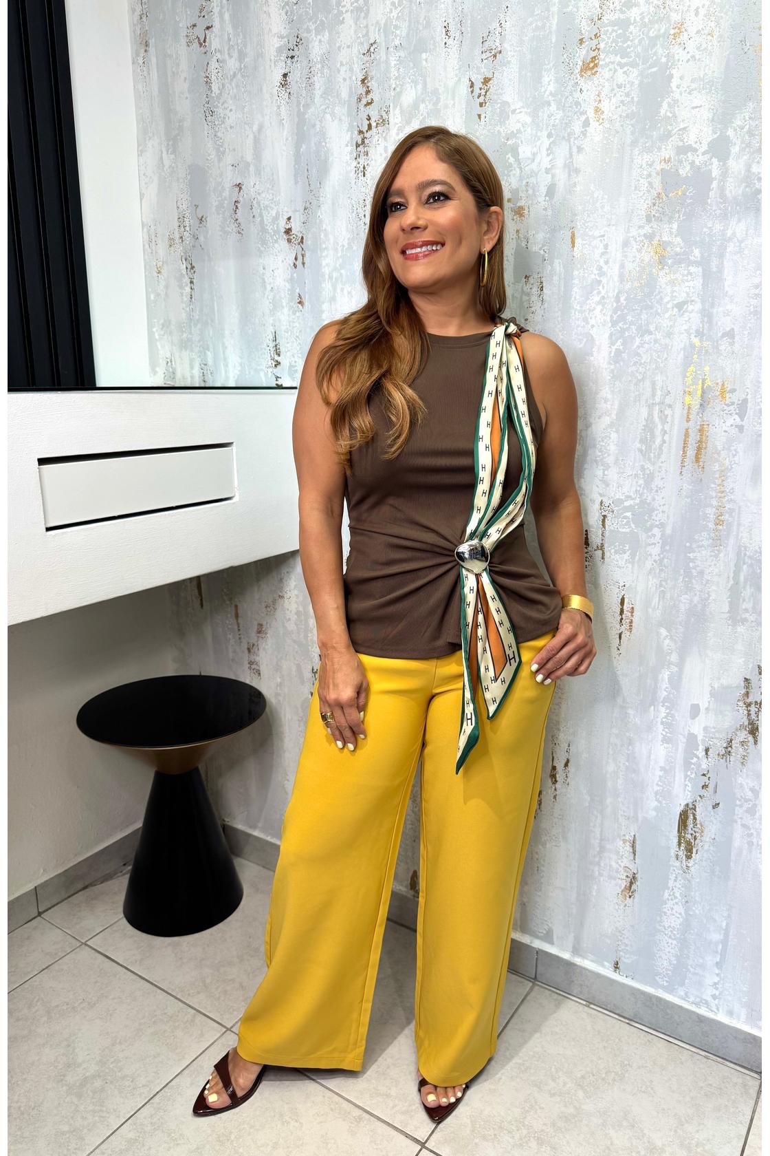High-waisted trousers with a scarf at the waist