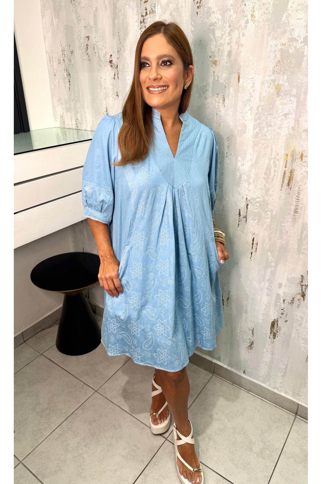 Denim Paisley Print Sleeve Short Dress