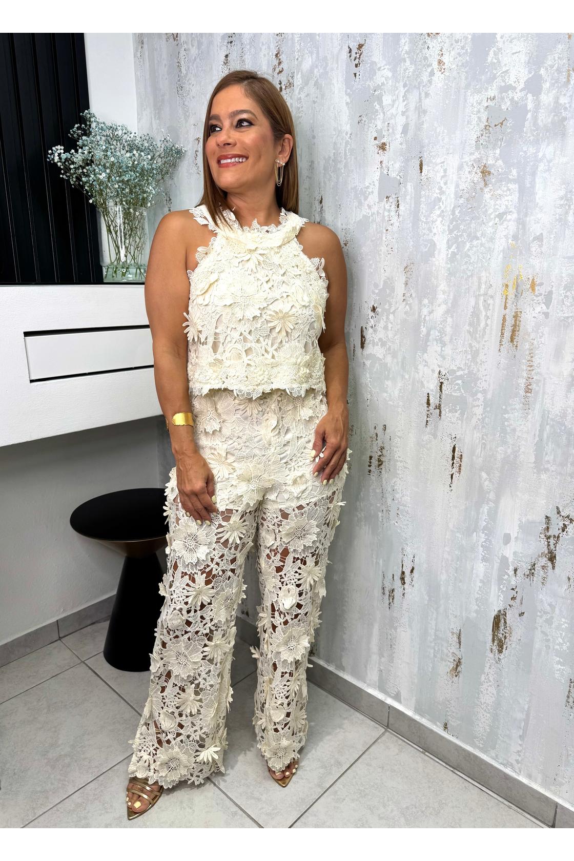 3d Floral Embroidered Top & Pants Set