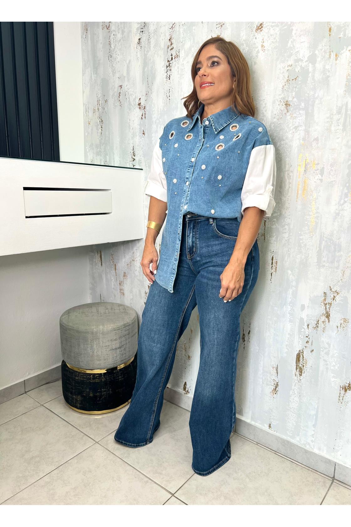 Paulina Shirt Rhinestone Detail Denim Button Down
