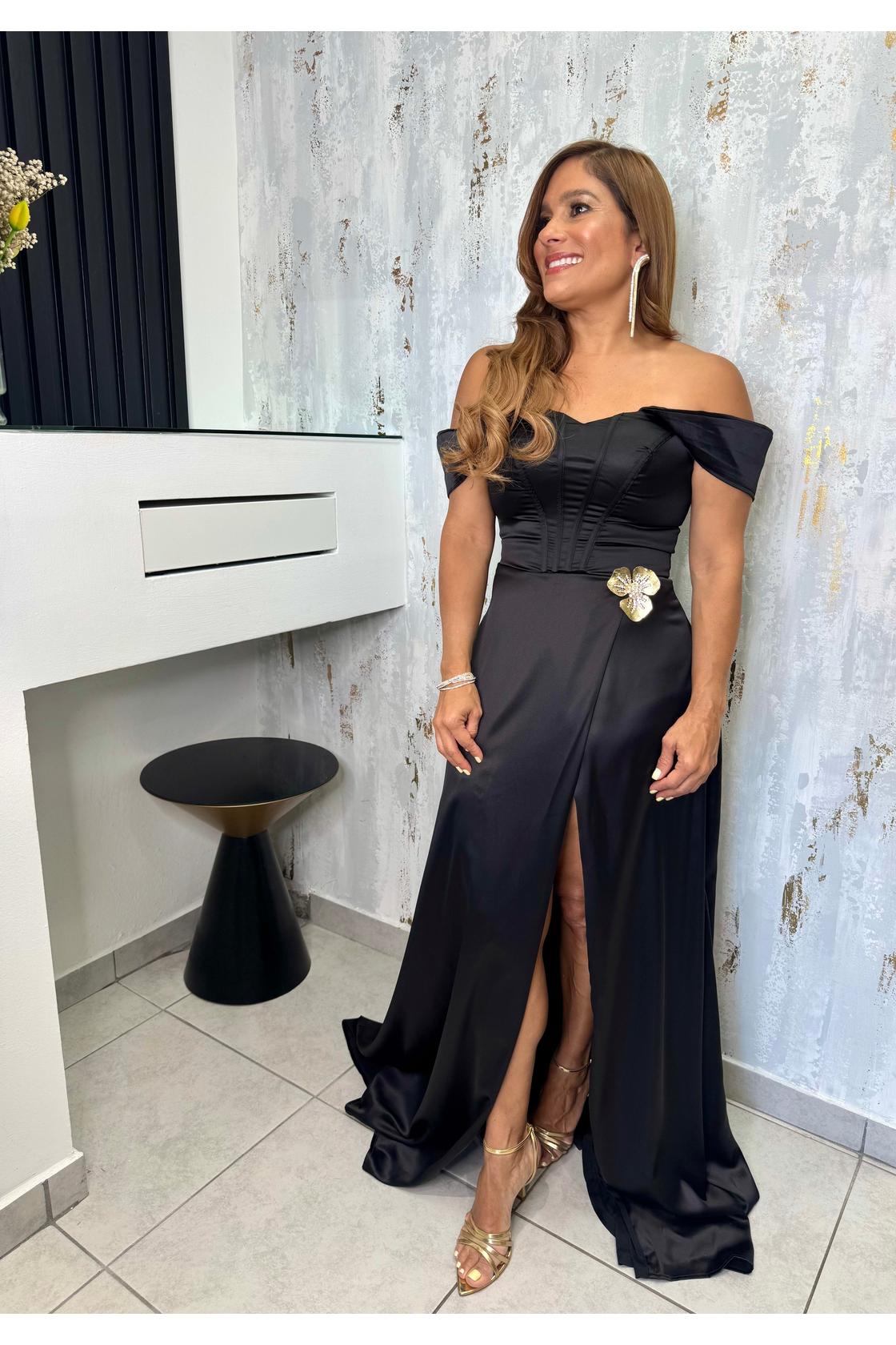 Off The Shoulder Satin Maxi Dress