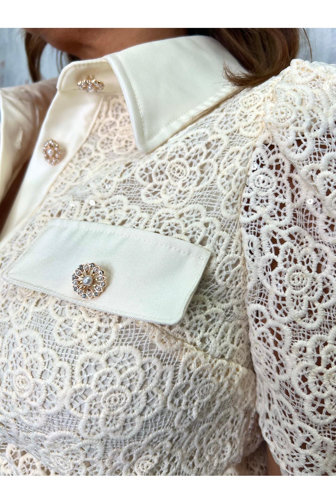 Elisa Set Puff Short Sleeve Pearl Button sequins Lace Blouse & Mini Skirt