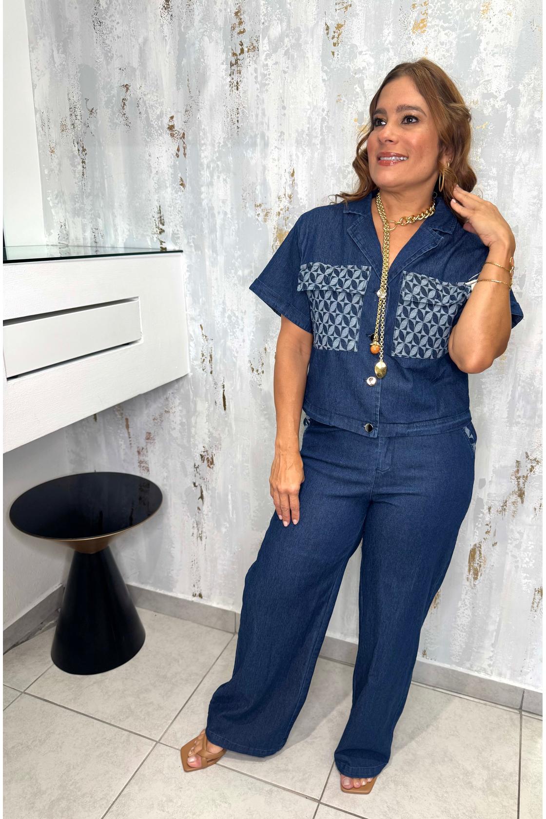 Denim Button Shirt Top And Pants Set