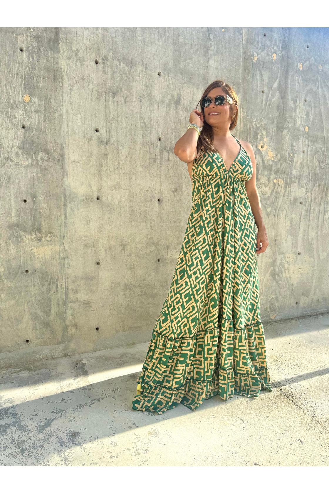 Print V Neck Ruffled Trim Tassel Waist Dress