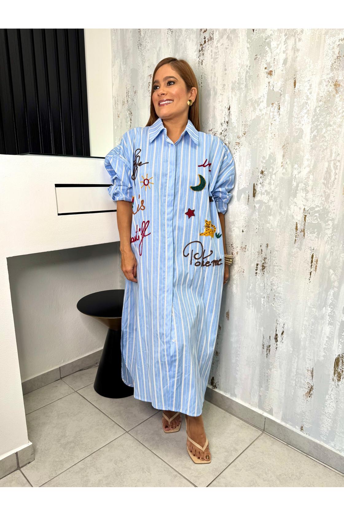 Oversize Button With different patch print Maxi Dress
