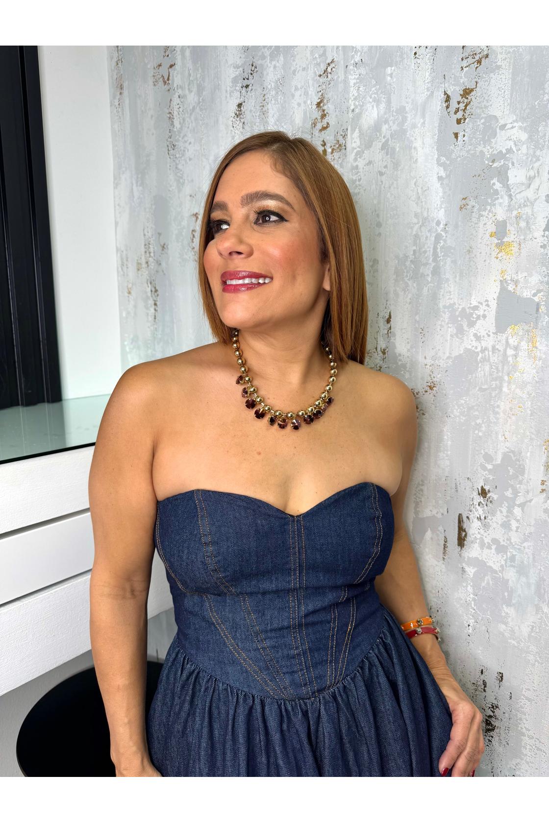 A Denim Midi Dress Featuring Strapless Sweetheart Neckline Bustier Top