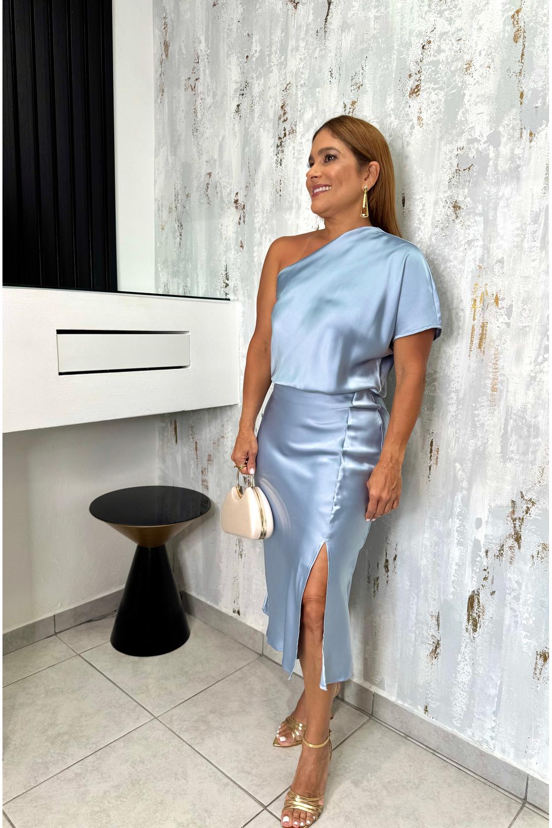Satin One Shoulder Midi Dress W Slit