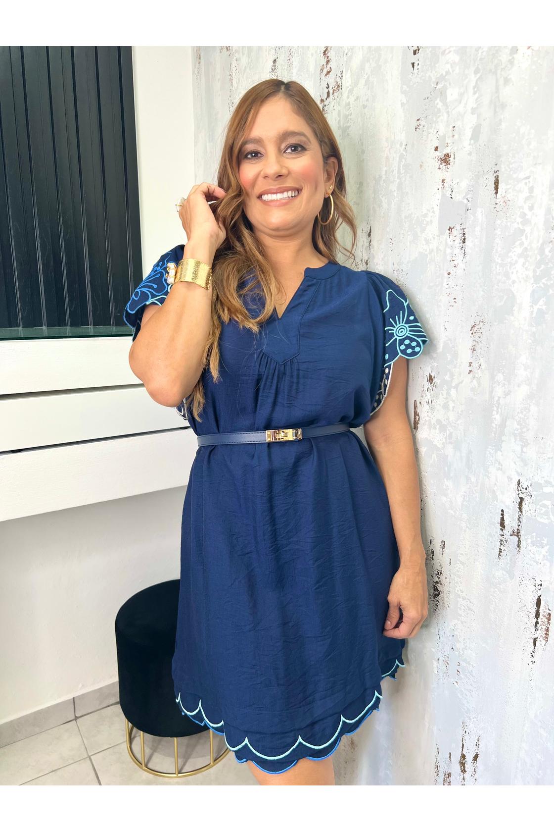 Embroidered Flutter Sleeve Tunic Dress