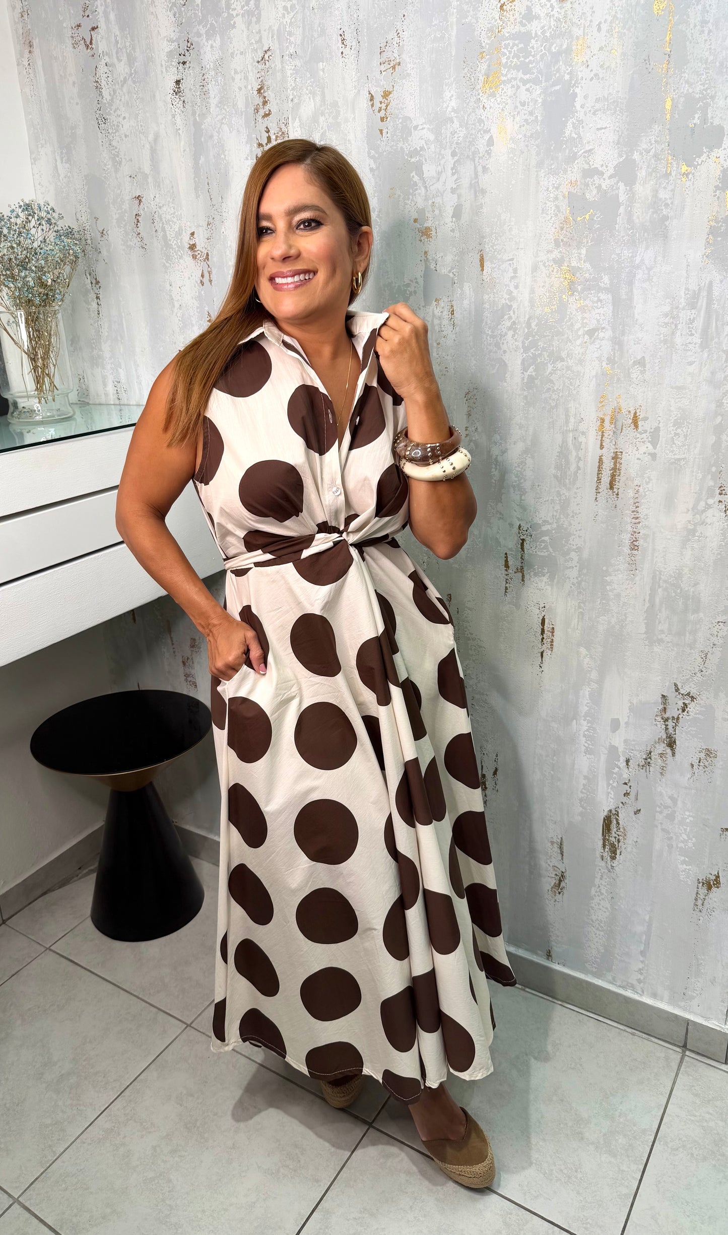 Button Polka Dots Midi Dress
