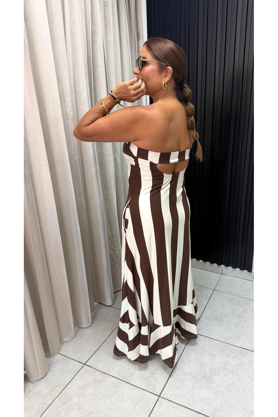 Fashion Strapless Striped Maxi Dress