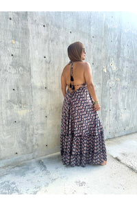 Print V Neck Ruffled Trim Tassel Waist  Dress
