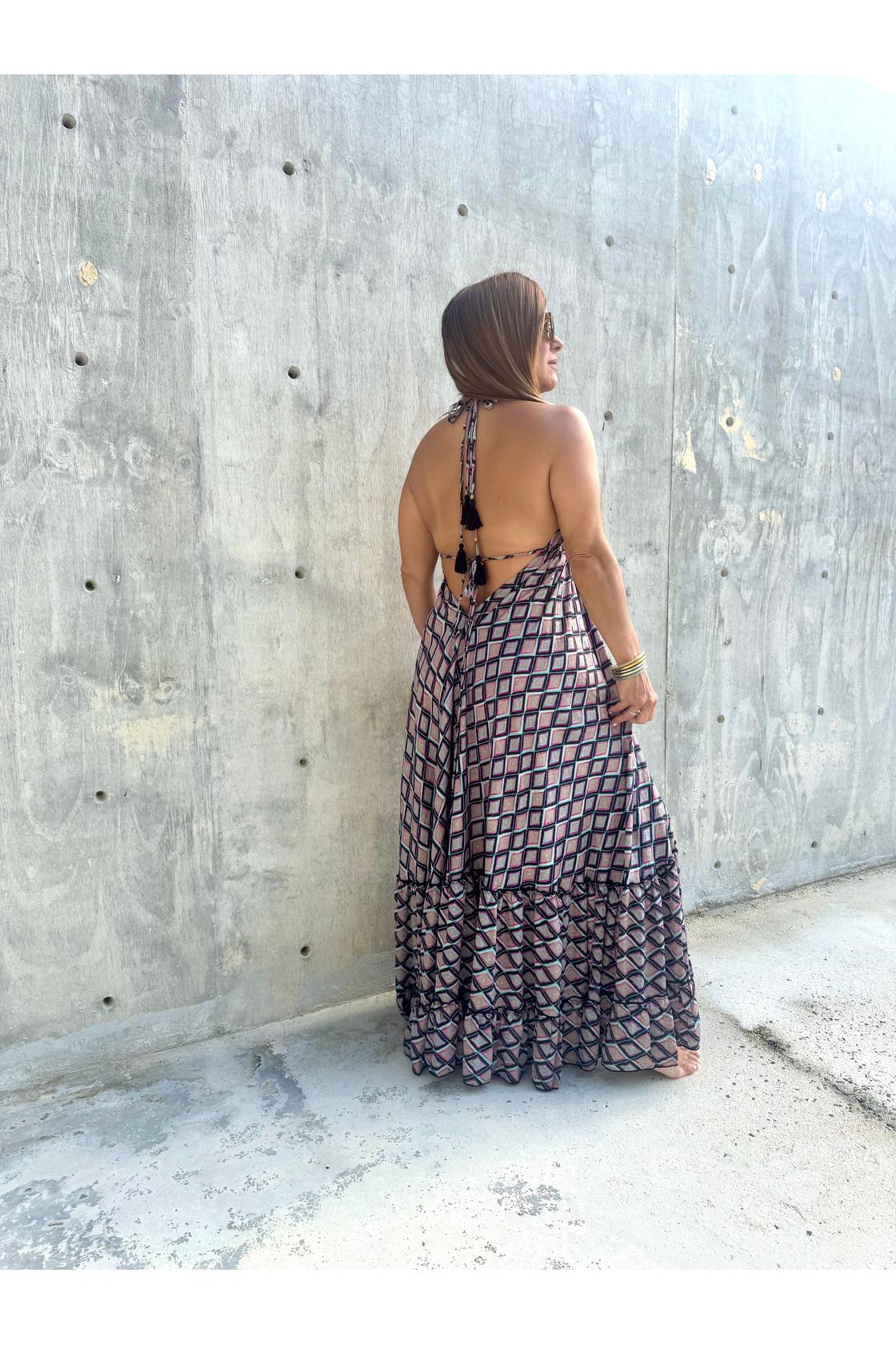 Print V Neck Ruffled Trim Tassel Waist  Dress