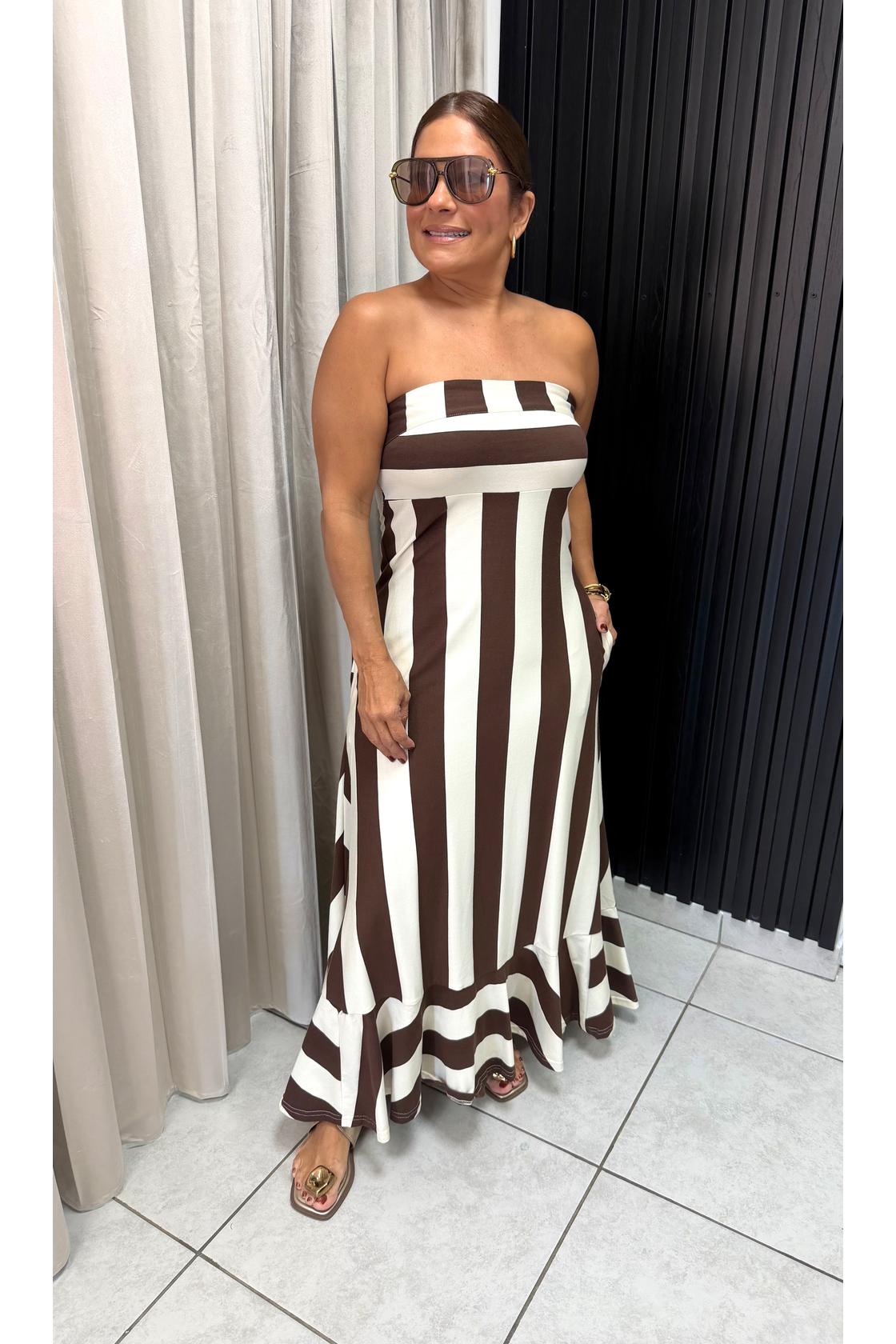 Fashion Strapless Striped Maxi Dress