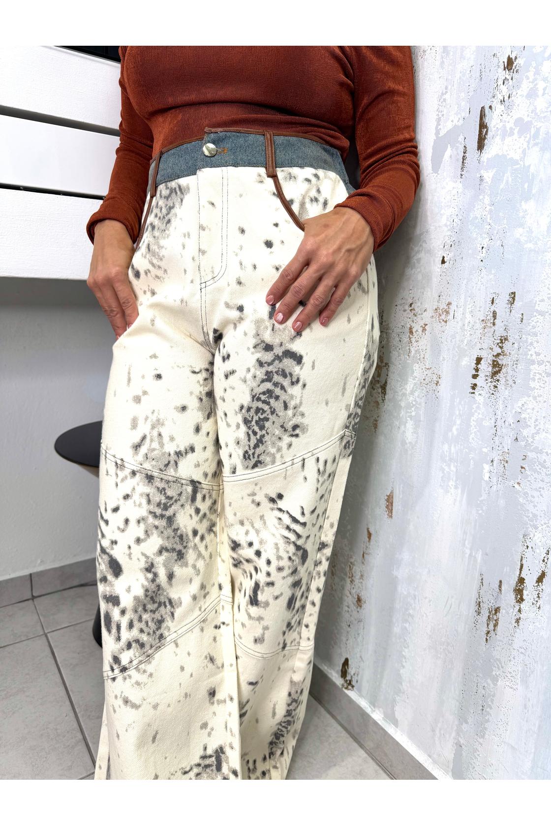 Animal Print & Contrast Denim High Waist Pants