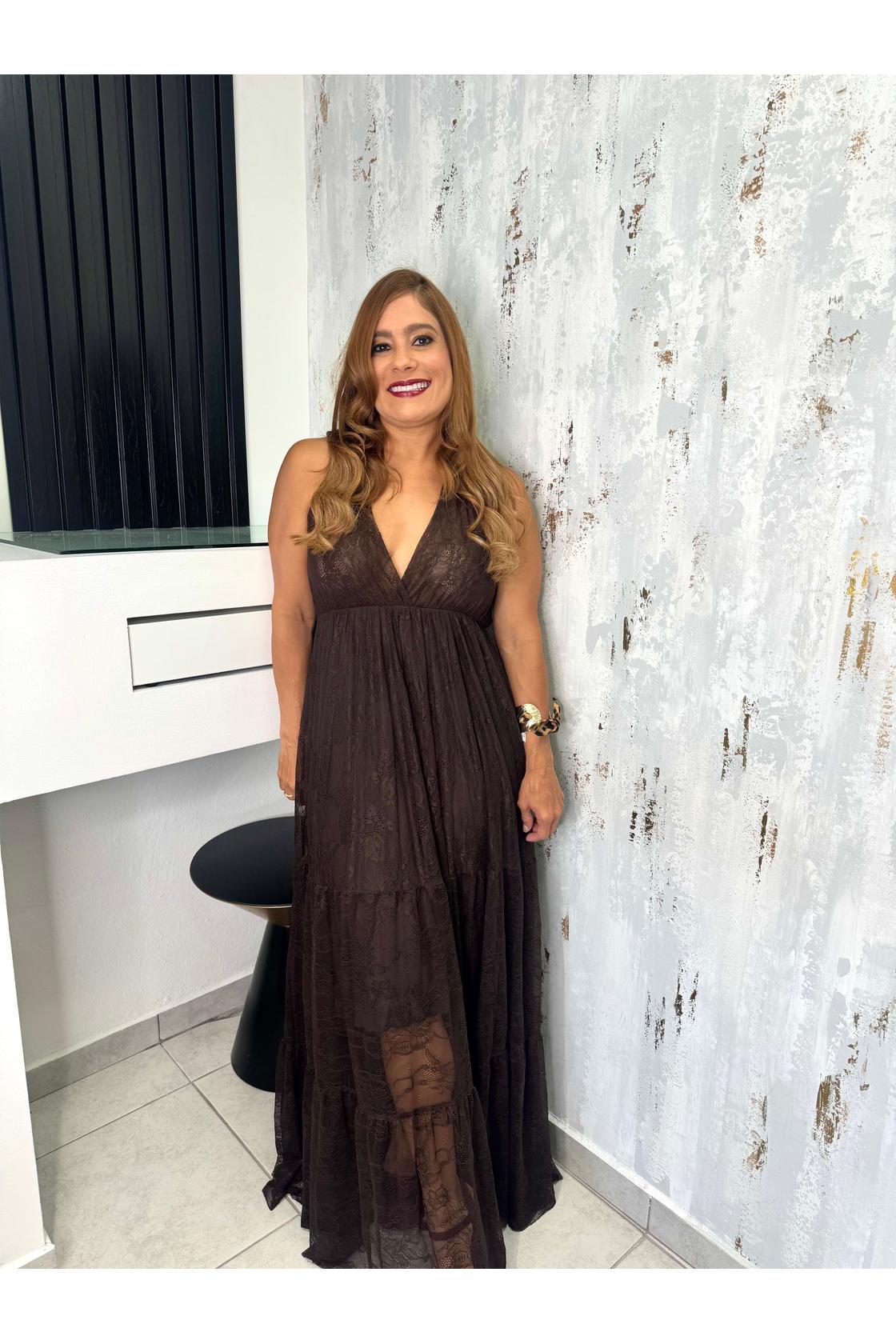 Lurex Pleats Lace Maxi Dress