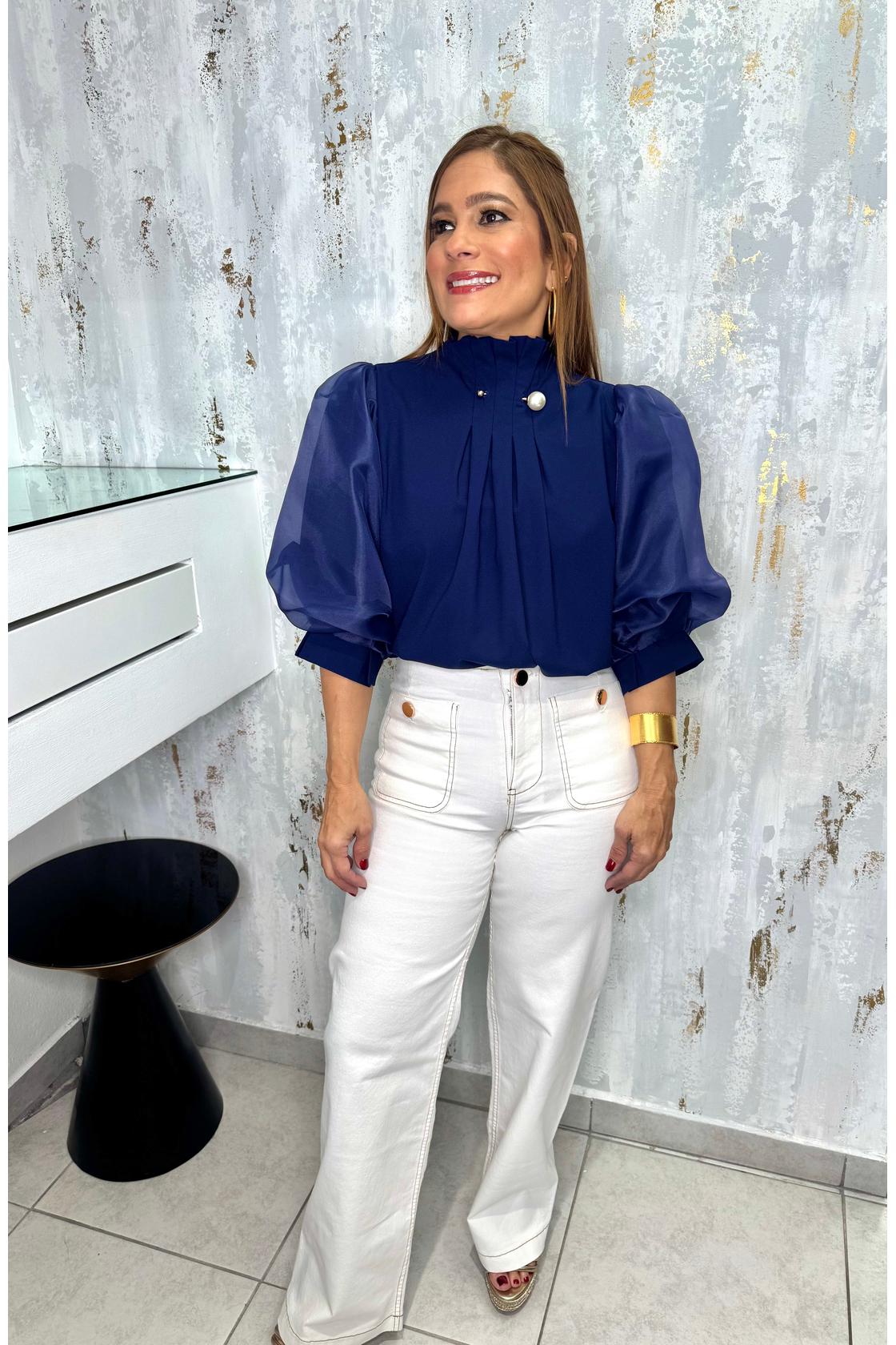 Pearl Detail Sheer Puff Sleeve Pleated Blouse