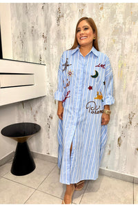 Oversize Button With different patch print Maxi Dress