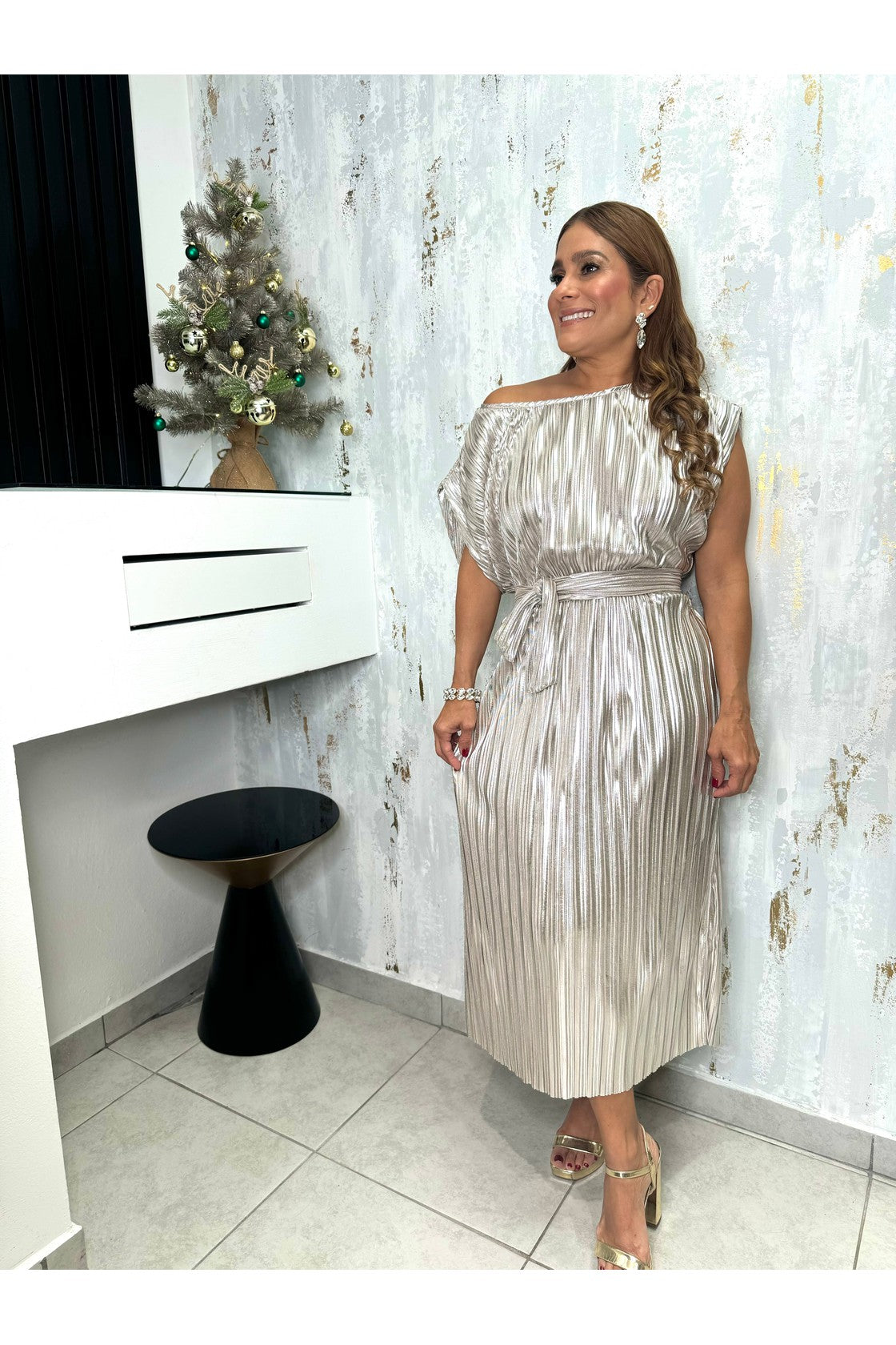 Silver Pleated Maxi Dress