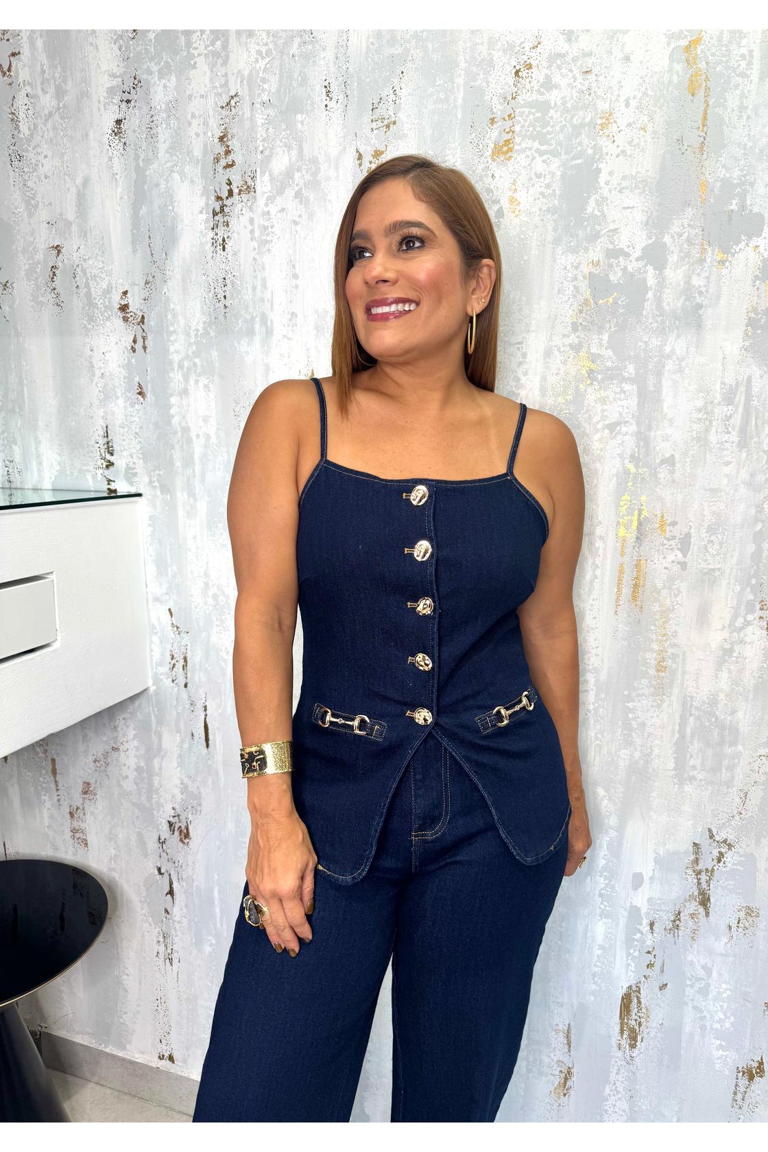 Button Gold Up Wide Leg Pants Set