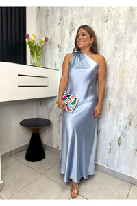One Shoulder Satin Midi Dress W Scarf