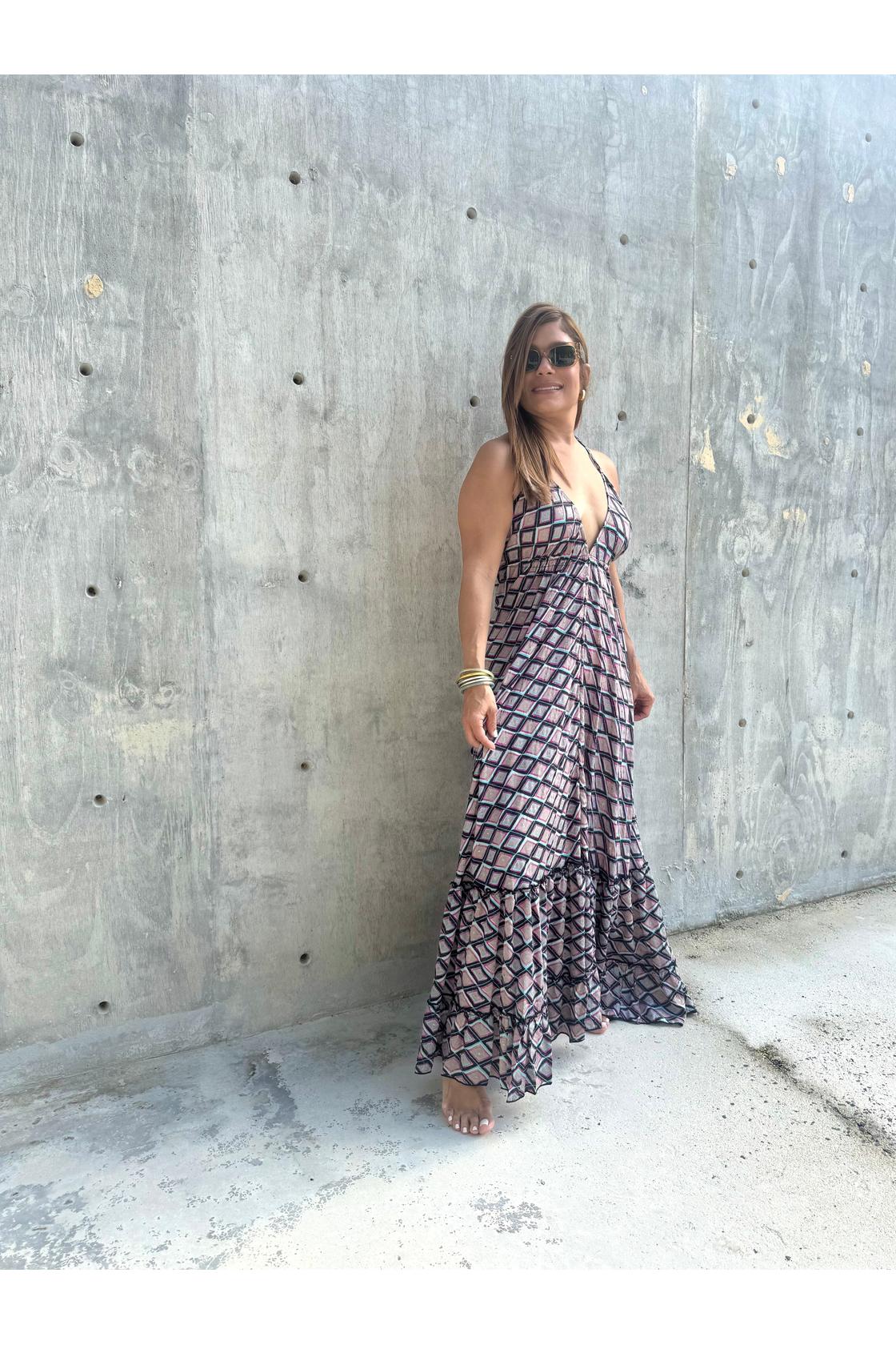 Print V Neck Ruffled Trim Tassel Waist  Dress