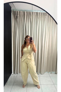 Button Front Vest And Wide-leg Barril Set