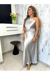 One Shoulder Satin Midi Dress W Scarf