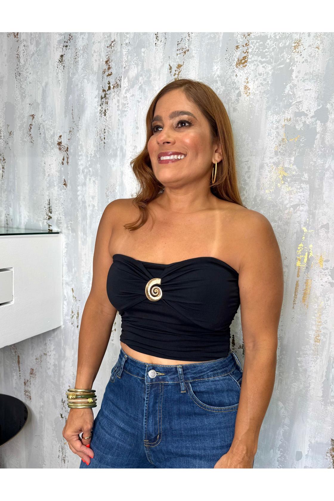 Snail buckle tube crop top with ribbed gathers