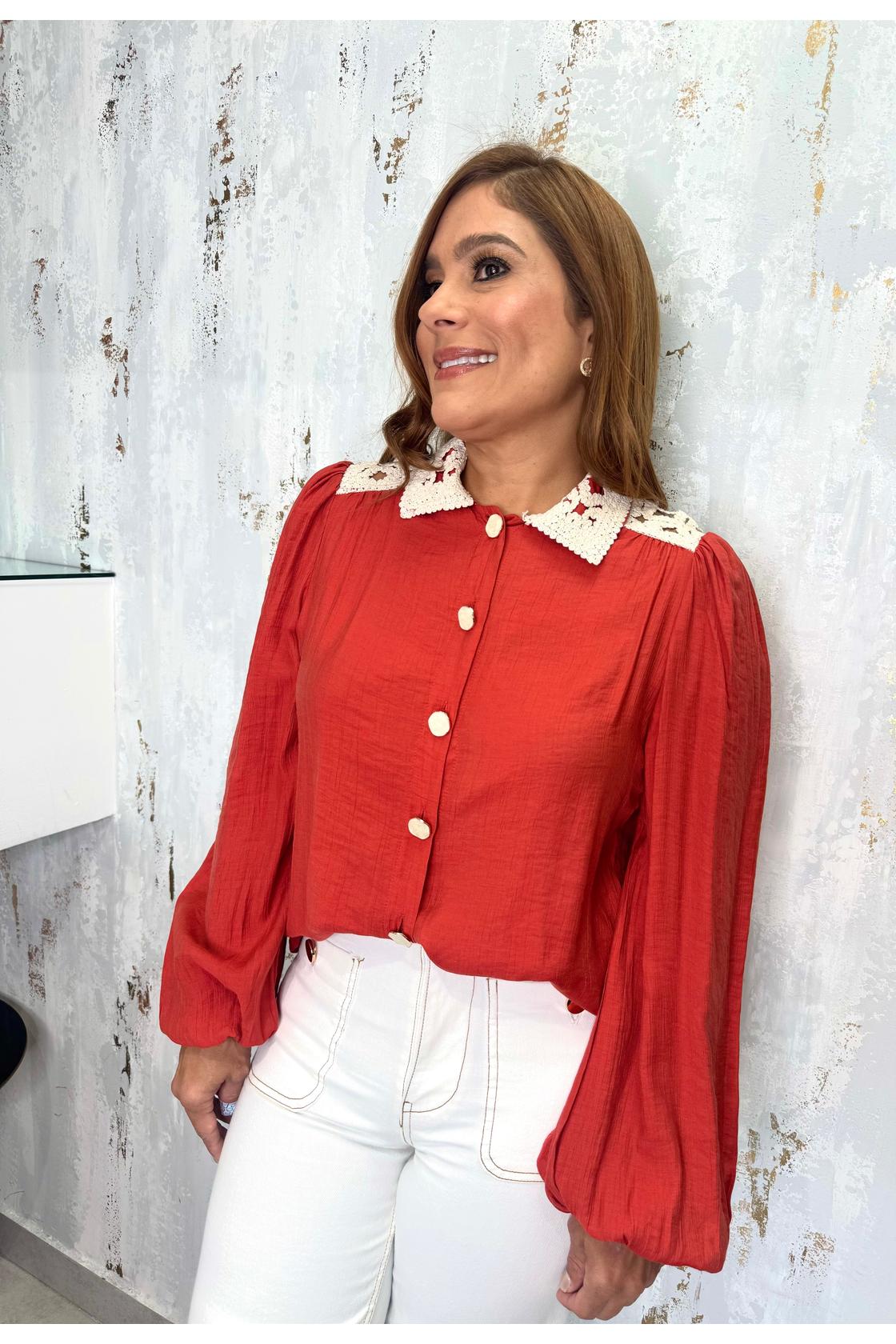 Solid Color Lace Trimmed Button Shirt