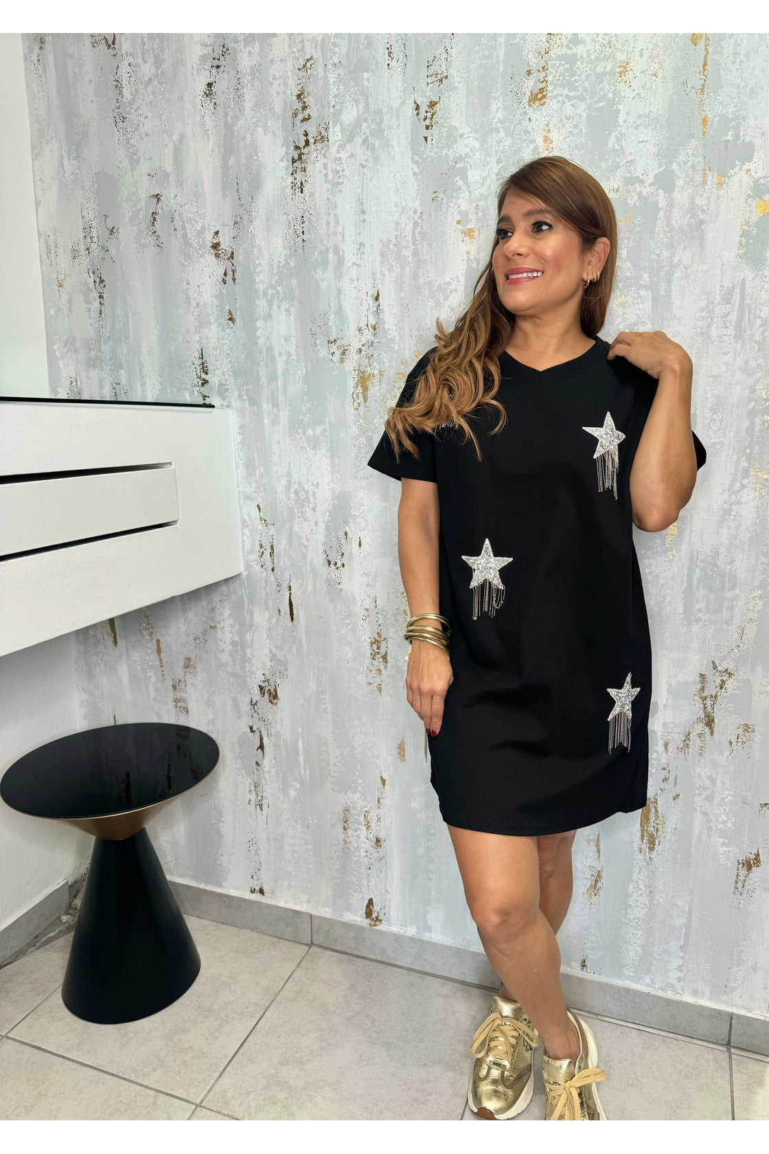 Short Sleeve Rhinestone Star Studded Star Fringe V Neck Knit Dress