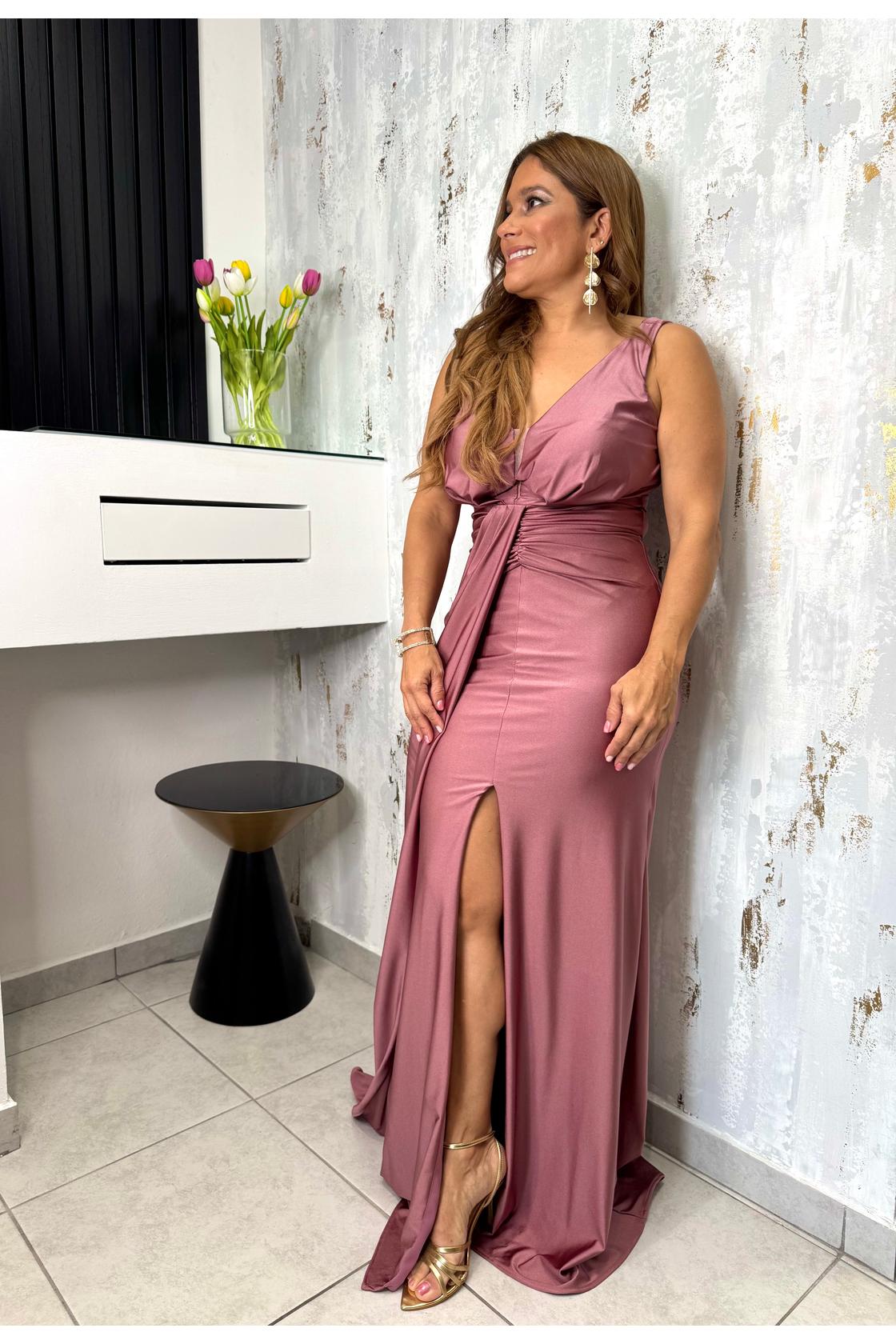 V-Neck Middle Slit Draped Long  Dress