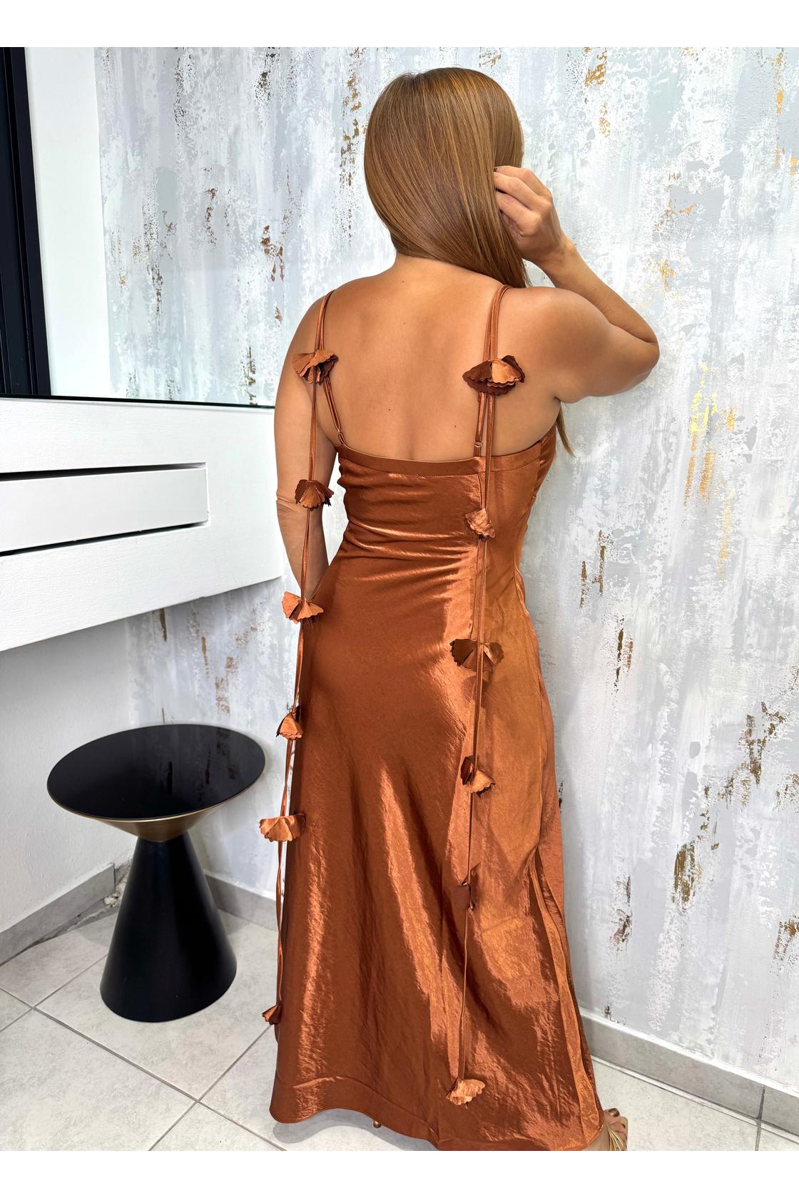 Jimena Luxe Satin 3d Flower Draped Back Maxi Dress