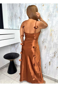 Jimena Luxe Satin 3d Flower Draped Back Maxi Dress