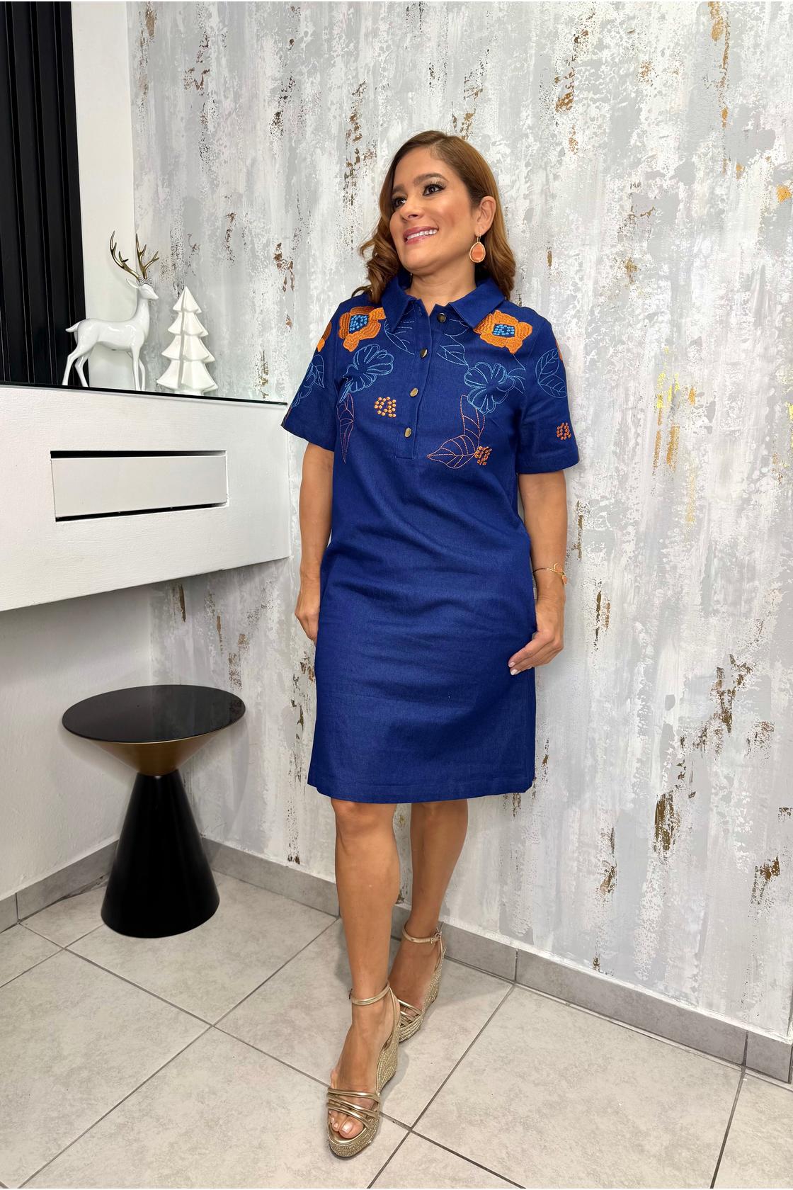 Denim Flower Solid Relax Fit Short Dress