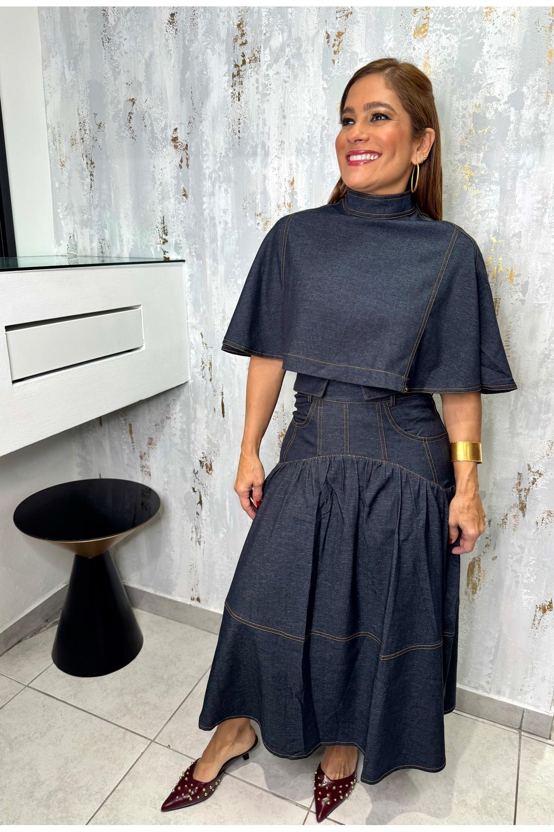 Denim Cape Top & Midi Skirt Set