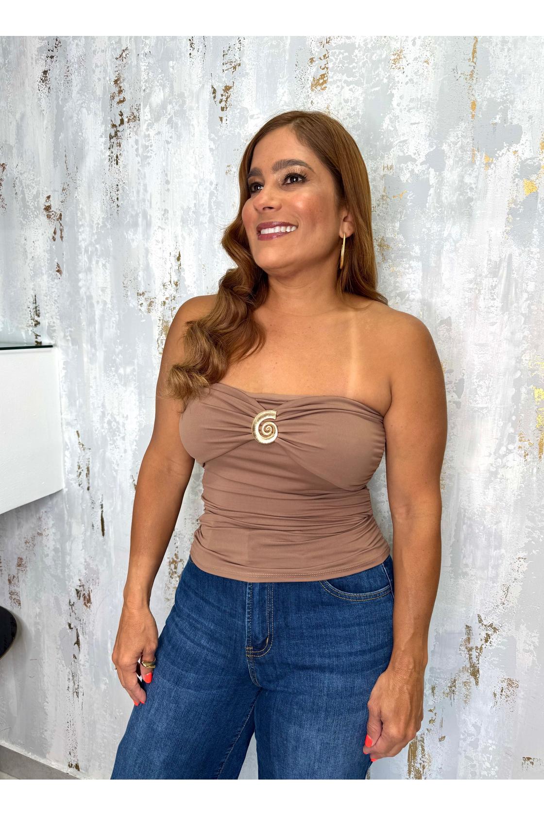 Snail buckle tube crop top with ribbed gathers