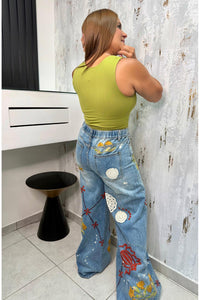 Elina Washed Embroidery Wide leg Denim
