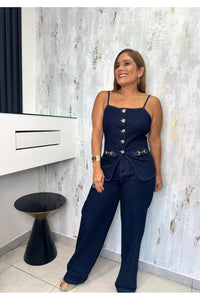 Button Gold Up Wide Leg Pants Set