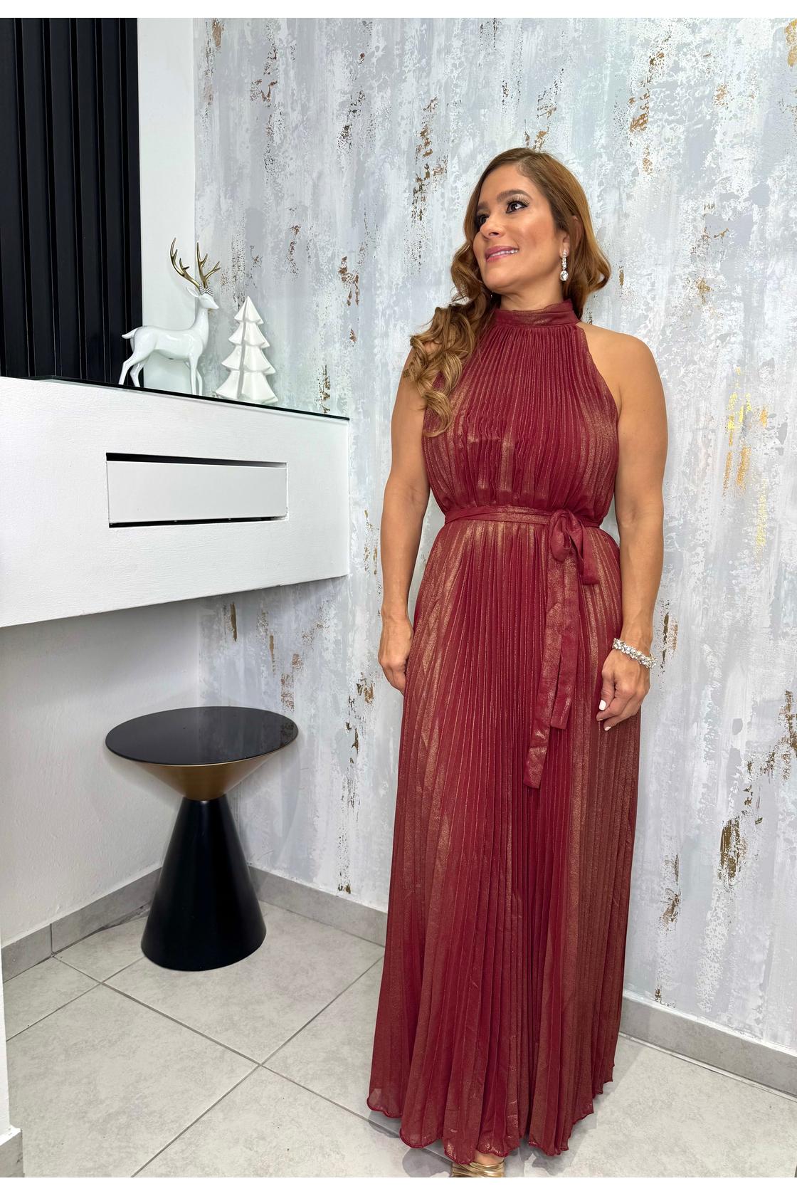 Metallic Pleated Midi Dress