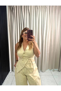 Button Front Vest And Wide-leg Barril Set