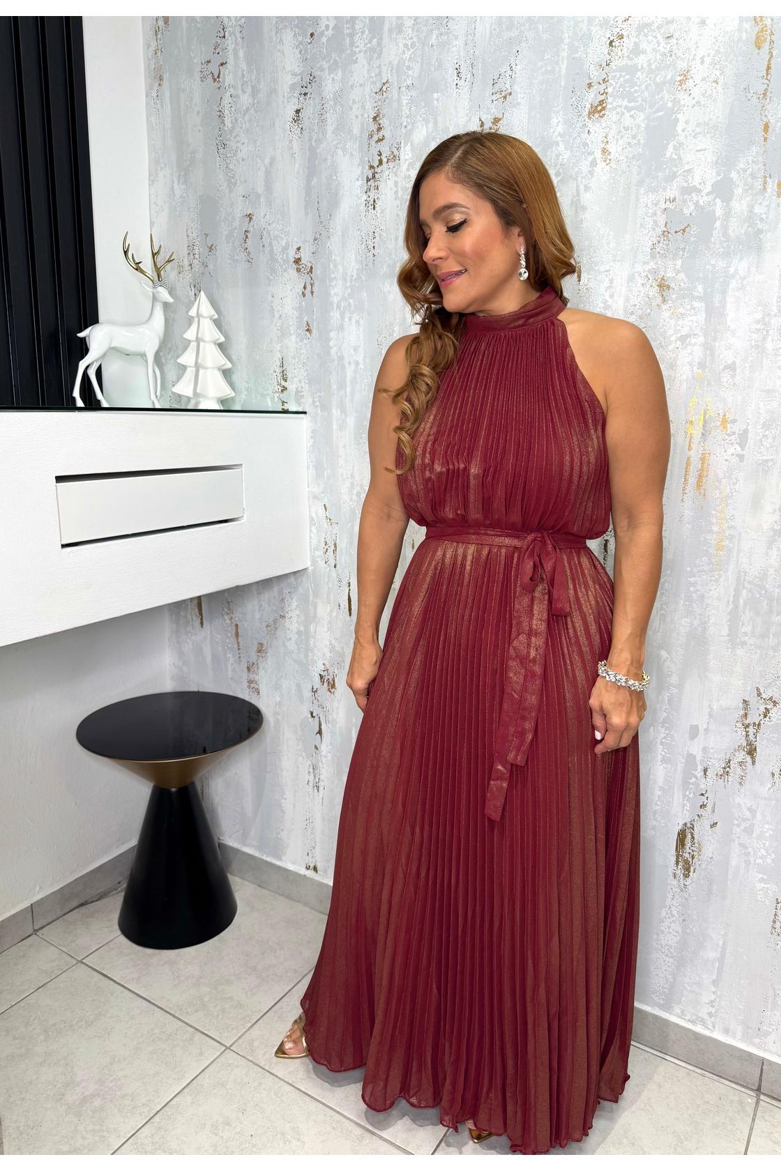 Metallic Pleated Midi Dress