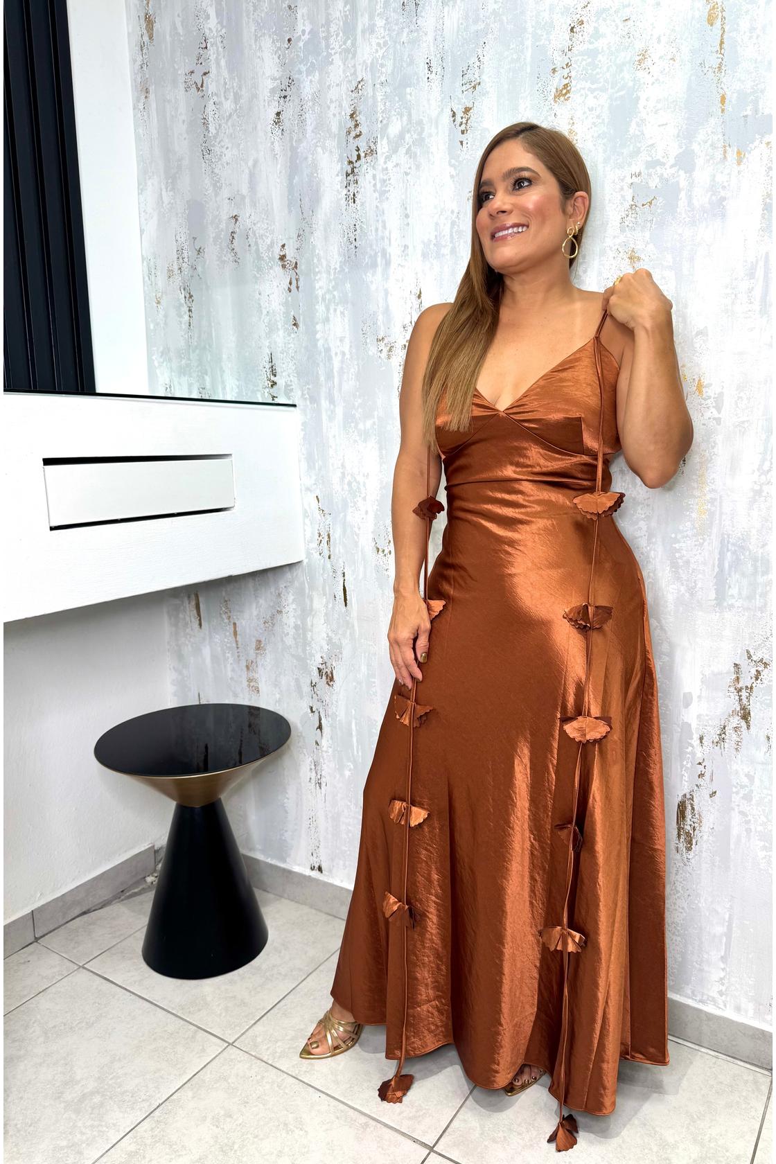 Jimena Luxe Satin 3d Flower Draped Back Maxi Dress