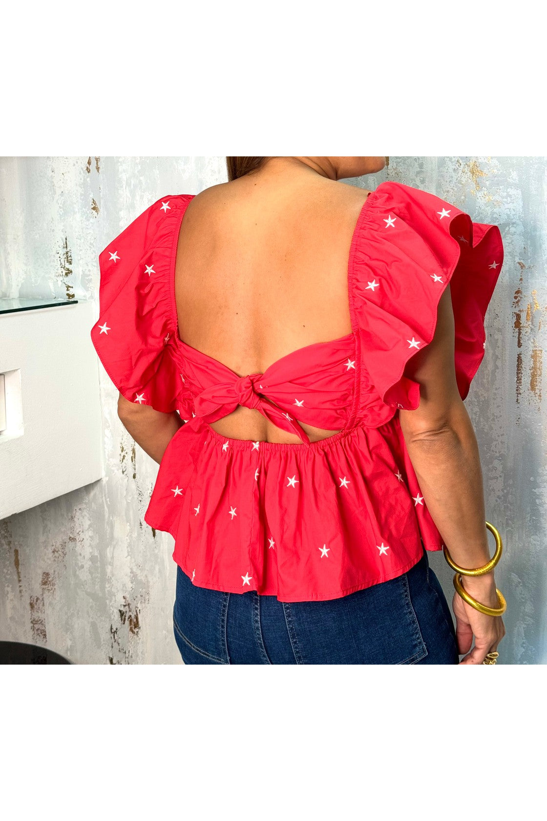 Star embroidered babydoll poplin top with ruffle