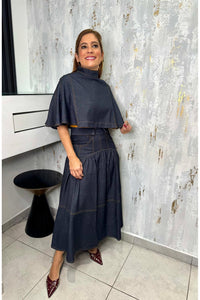 Denim Cape Top & Midi Skirt Set